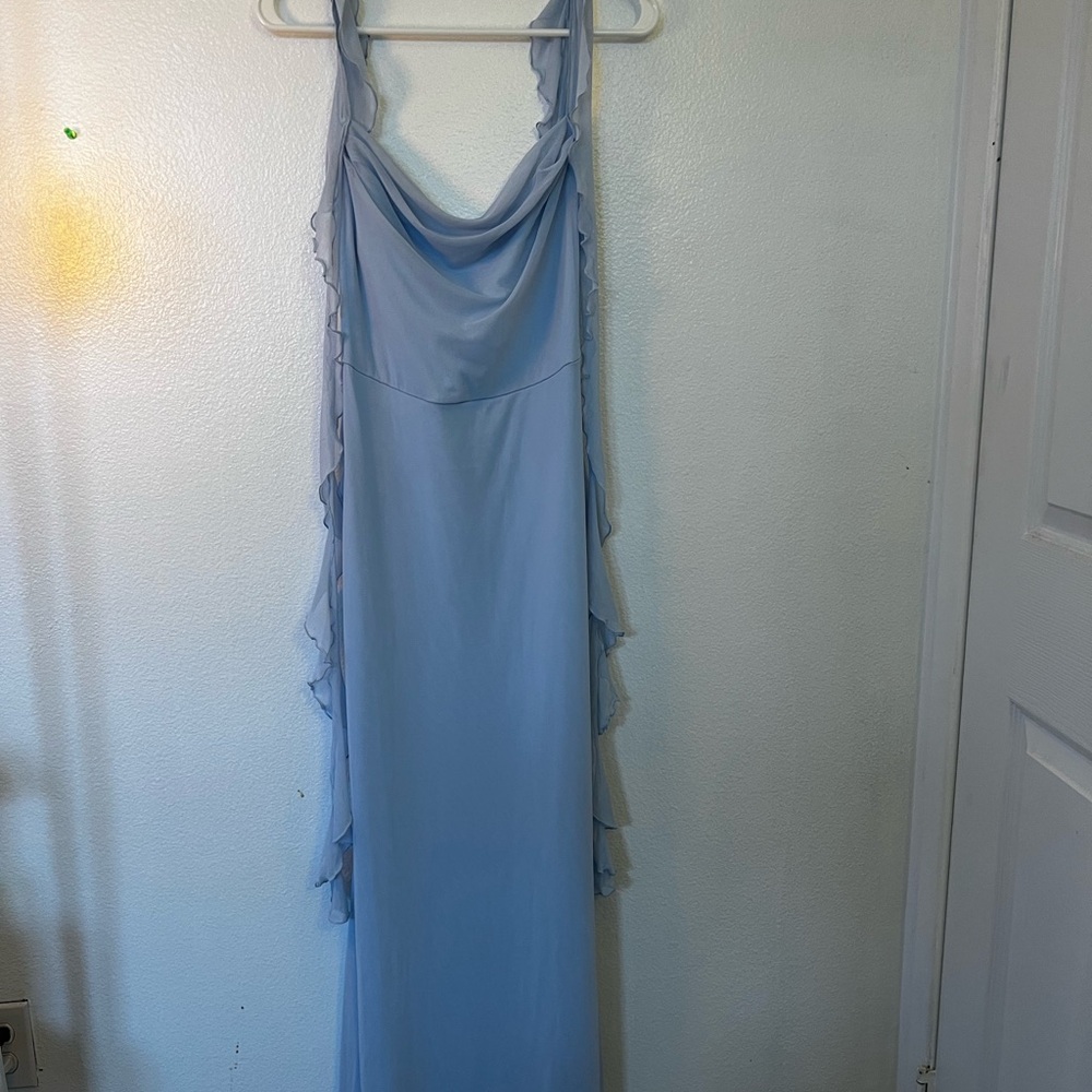 Elegant Cowl Neck Blue Sleeveless Ruffle Hem Maxi Dress